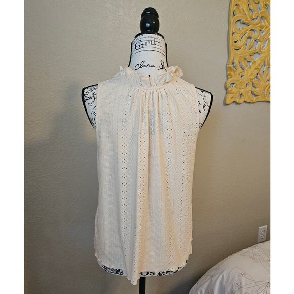 Butter yellow sleeveless top, ruffle tie neck, eyelet detail - Picture 3 of 6